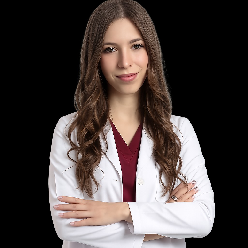 Profesional de salud, bata blanca y uniforme bordo